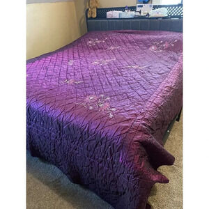 Quilted Blanket King Size 107”x89” Satin Maroon Floral Embroidered Cottagecore